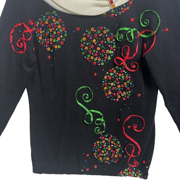 Vtg Christmas Sweater Ornaments Beaded Sequins Ribbon Black White S/M Holiday - Picture 4 of 14